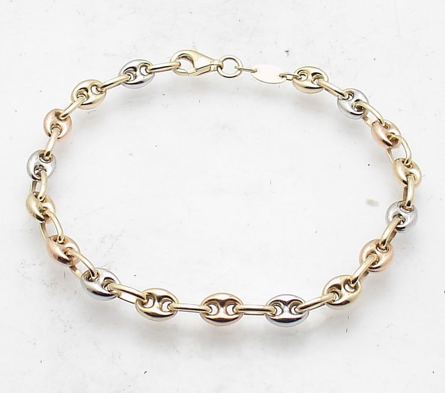 4.5mm All Shiny Puffed Gucci Mariner Link Bracelet Real 14K Tricolor