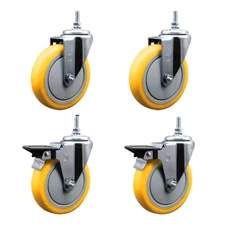 5 Inch Yellow Polyurethane 3/8 Inch Threaded Stem Caster Set 2 Brakes SCC