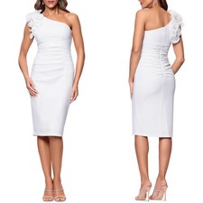 NEW XSCAPE White RUCHED Ruffled ONE SHOULDER Bridal SHEATH Midi DRESS 14