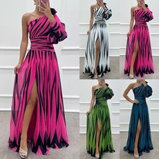 Sexy One Shoulder Womens Striped Party Maxi Dress Ladies Prom Split Long Dresses