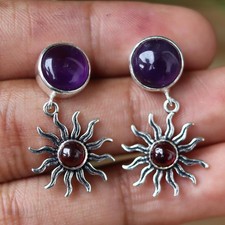 Sunburst Earrings Boho Chic Jewelry: Celestial Amethyst Garnet Gemstones 925