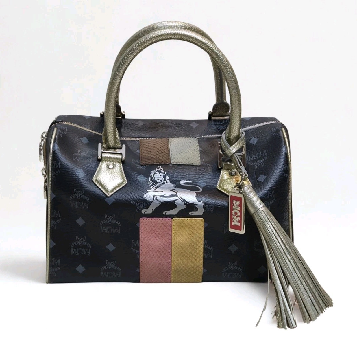 MCM Boston Bag Visetos Lion Print Satchel Leather Top Handle Rare Good