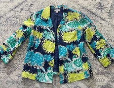 Kim Rogers Womens Small Linen Jacket Blazer Floral Navy Hook Front 3/4 Sleeve