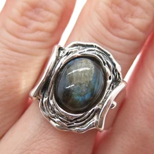 HAGIT GORALI 925 Sterling Silver Vintage Real Labradorite Modernist Ring Size 9