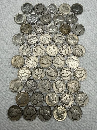 New ListingLot of 50 Mixed Mercury And Roosevelt Dimes! - 43 Mercury 7 Roosevelt Silver