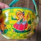 Vintage 1940- 1950 J Chein & Co Tin Litho Nursery Rhyme Theme Easter Basket Teal