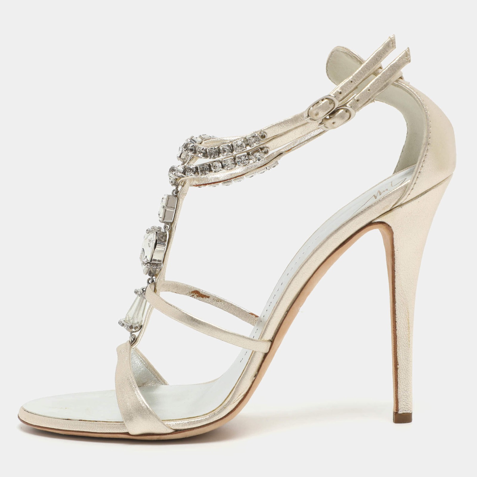 Giuseppe Zanotti Crystal Embellished Size 40 Gold Leather Ankle Strap Sandals