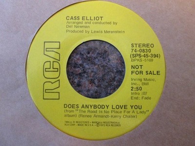 Cass Elliot - Does Anybody Love You - Used Vinyl Record 7 - Promo - G8100z
