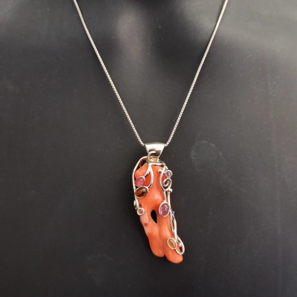 Coral ÚNICO Collar Artesanal Plata Esterlina Modernista Art Nouveau Regalo Renacimiento Foto 3 de 4