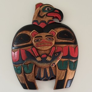 LARGE NORTHWEST COAST DESIGN EAGLE-BEAR EFFIGY WOODEN PLAQUE