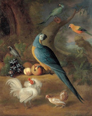 Louis Leonart H?bner ''Parrots, Chickens, and Other Birds, in a Landscape'' Brown