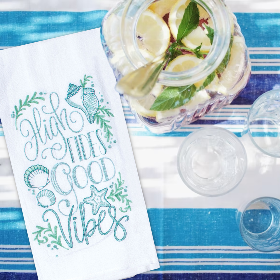 Beach Themed Kitchen Towels Embroidered Dish Towel Flour Sack White