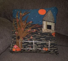 Handmade Unique Fall Scene Accent Pillow, Decorative Pillow,  13"X13",  Autumn