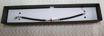 AMEN natural black onyx beads sterling silver cross bracelet.7.5'' - 8''. ITALY.