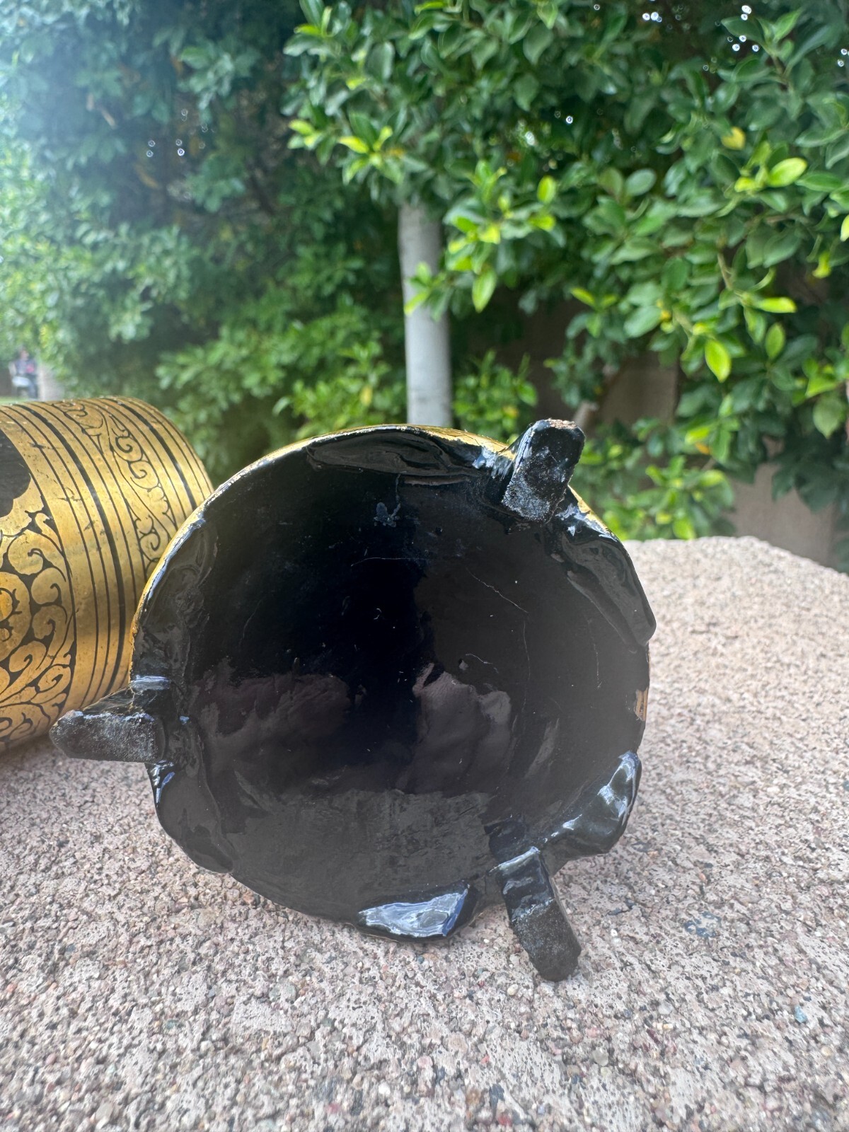 Burmese Lacquered Betel Box & Ashtray Black Gold Leaf Design Trinket Box