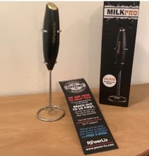 PowerLix Milk Pro Handheld MILK FROTHER w/Chrome Stand | Battery Powered | Black
