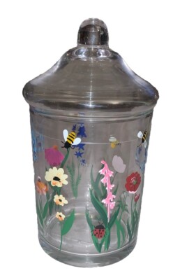 Floral Glass Lidded Apothecary Jar Hand Painted 8  Tall Ladybug Bumble Bee