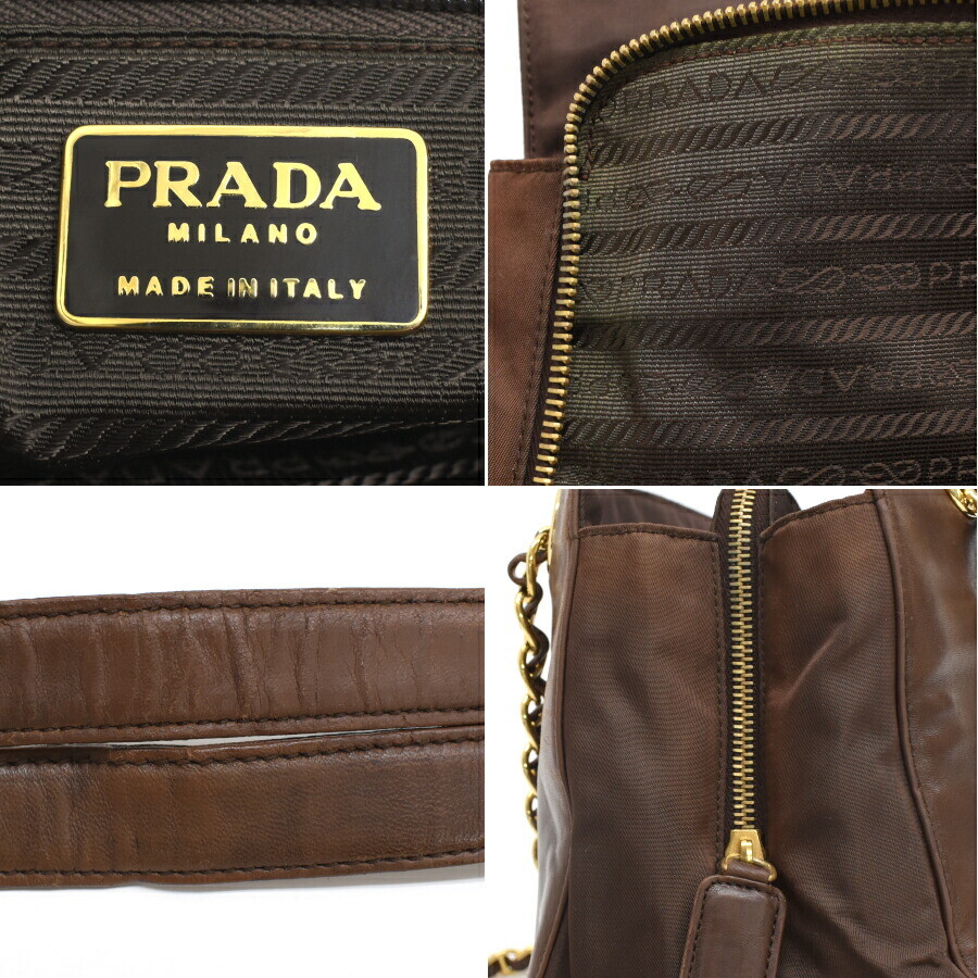 Used Prada Chain Shoulder Bag B4329 Nylon Leather Brown Gold Hardware