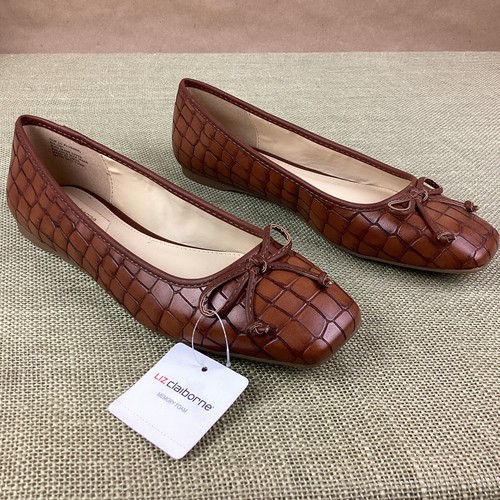 Liz Claiborne Flushing Women’s Flats Cognac Croc Loafers Slip On Brown