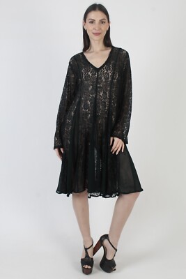 Vintage Forrest Green Grunge Dress Long Slv Gypsy Lace Sheer Oversized  Babydoll