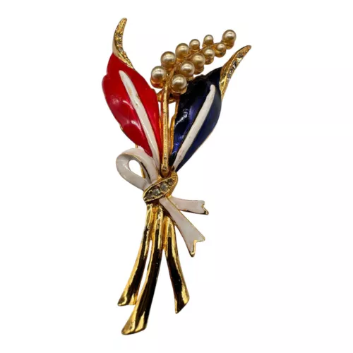VTG 1940s Red White Blue Enamel Rhinestone Flower Brooch ~ Trifari style