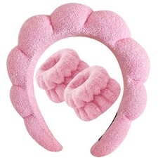 Spa Headband for Washing Face, Pink Sponge Face Wash Headband and Wristband S...