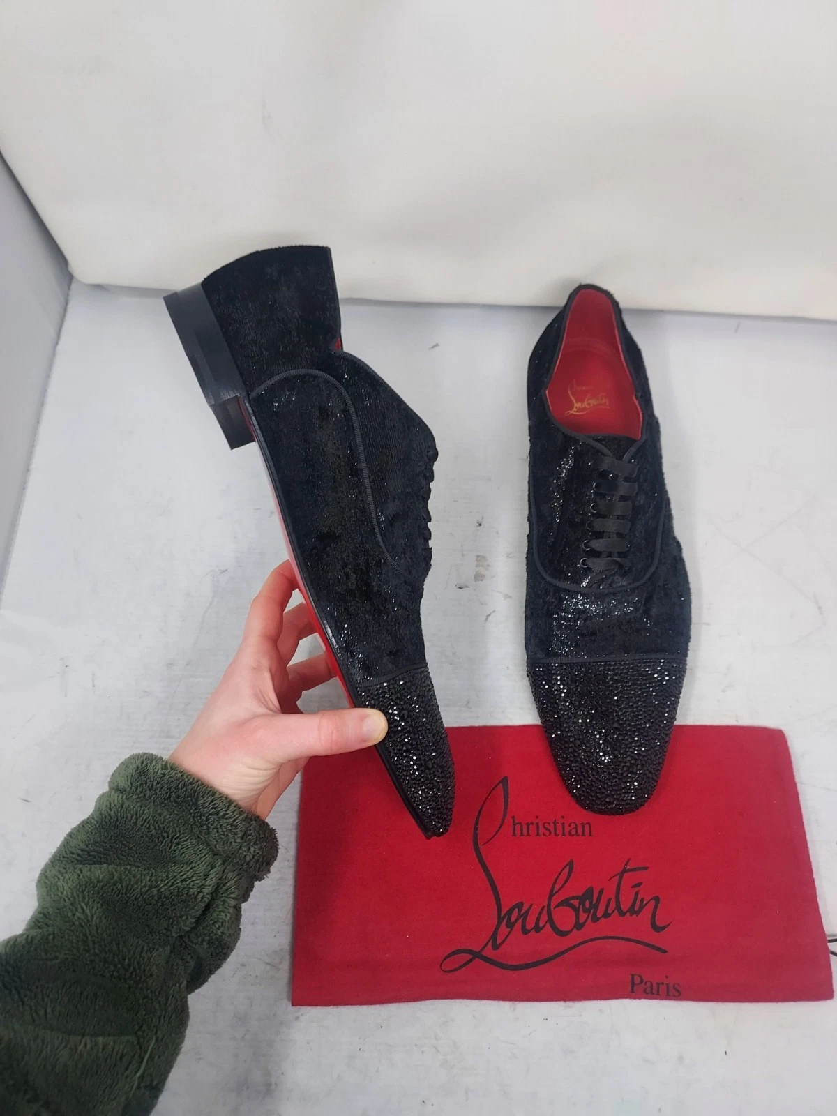 Christian Louboutin — Christian Louboutin US 11.5 US 44.5 NEW Black Greggy Jewel Lace Up Velvet Shoe