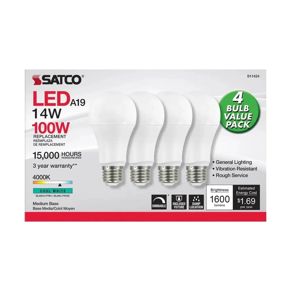 SATCO 14W A19 LED - 4000K - Dimmable - Medium base - 230 deg. Beam - 4PK - Image 2 of 4