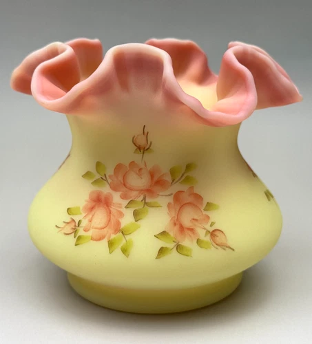 Vintage Fenton BURMESE Uranium Glass VASE Rose Hand Painted Signed