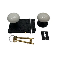 Rectangular Rim Lock Cast Iron Victorian Box Decorative w White Porcelain Knobs