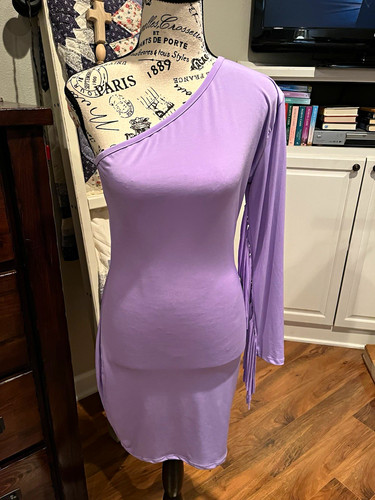 Lucky & Blessed Purple One Shoulder Long Sleeve Fringe Bodycon Knee Dress S