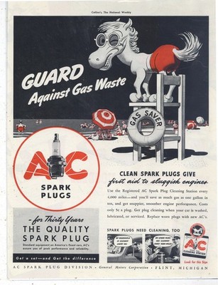 1939 AC Spark Plugs Ad: Sparky the Horse Theme - Guard Against Gas Waste