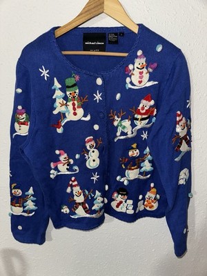 VINTAGE MICHAEL SIMON 3D EFFECT SNOWMAN WINTER WONDERLAND BUTTON UP SWEATER SZ L