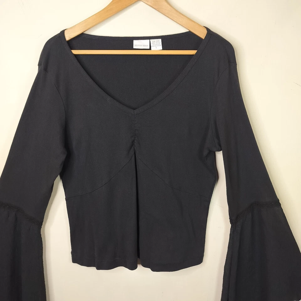 Top Newport News Negro Manga Acampanada L Grande Algodón Boho Bruja Gótico Vamp Foto 2 de 4