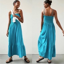 by Anthropologie smocked bodice flounce hem maxi dress turquoise blue Sz XS