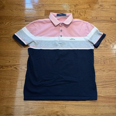 VORI&SHARK Polo Shirt Mens XL Pink Navy Colorblock Stripe Casual Golf Stretch