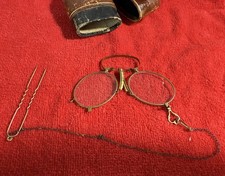 ANTIQUE PINCH PINCE NEZ READING NOSE GLASSES GOLD TONE FRAME DIOPTER With Case