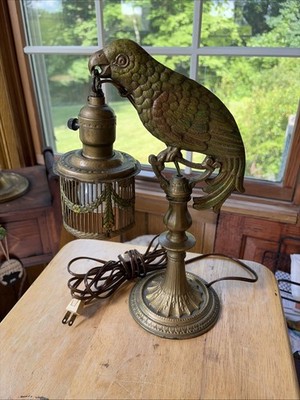 Working Art Deco Era Original Finish Cast Iron Parrot & Cage Lamp, Free S/H