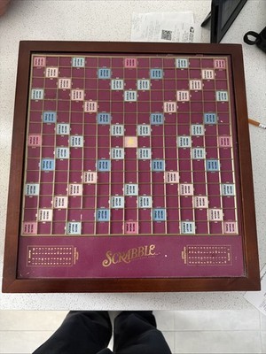 SCRABBLE DELUXE PREMIER WOOD ROTATING BOARD GAME VINTAGE