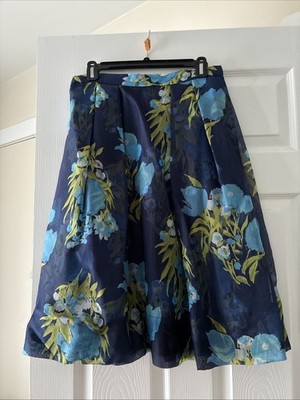 Elegant BODEN Skirt Floral with Silk Overlay/ Navy/ Sky Blue/ Green Sz  6