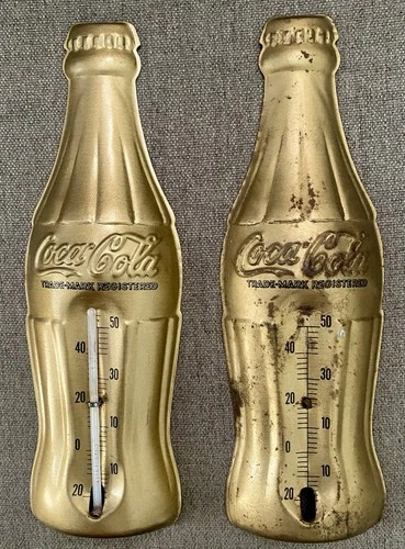 2 Vintage Coca Cola Bottle Thermometer Gold Metal Tin Coke 7 1/2" Advertising