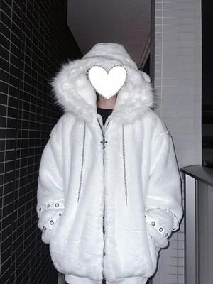Women's Vintage Fur Patchwork Hooded Jacket Loose Fit Winter Coat Y2K Streetwear