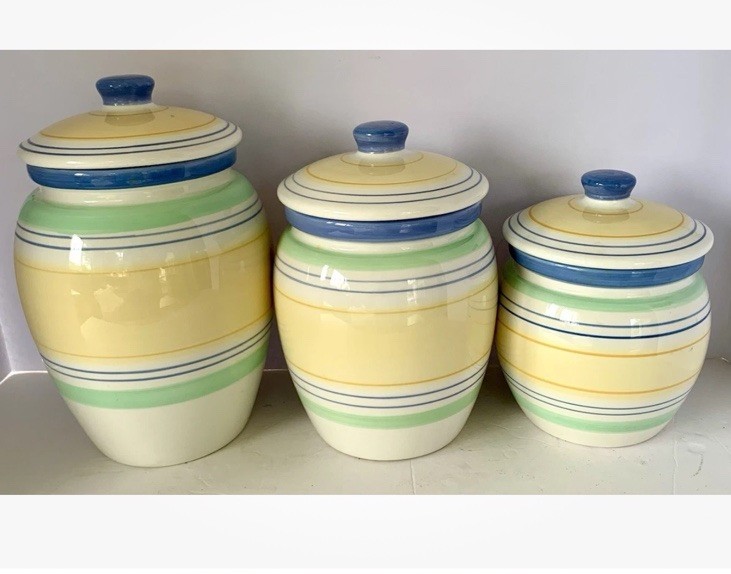 Pfaltzgraff Floral Breeze Blue & Green Stripes 3 pc Canister Set