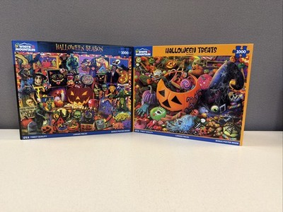 Lot 2 WHITE MOUNTAIN 1000 Piece Puzzles with Posters Halloween Theme Complete