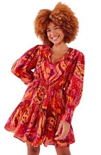 Farm Rio Abstract Botanical Dress L Long Sleeve Tassel Tie Drawstring Waist