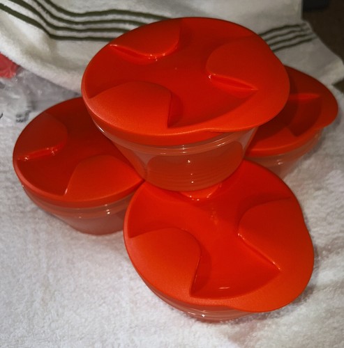 Tupperware NEW Set Of 4 orange Stacking BOWLS Store Serve-16 oz locking bowl - Picture 3 of 12