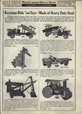 1934 PAPER AD Keystone Ride'em Toys Dump Truck Loader Koaster Locomotive Bus