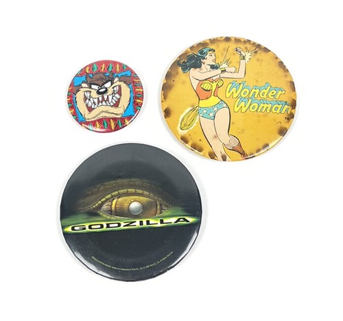 Lot Of 3 Vintage Taz Godzilla & Wonder Woman Button Pins Nostalgia Badges￼