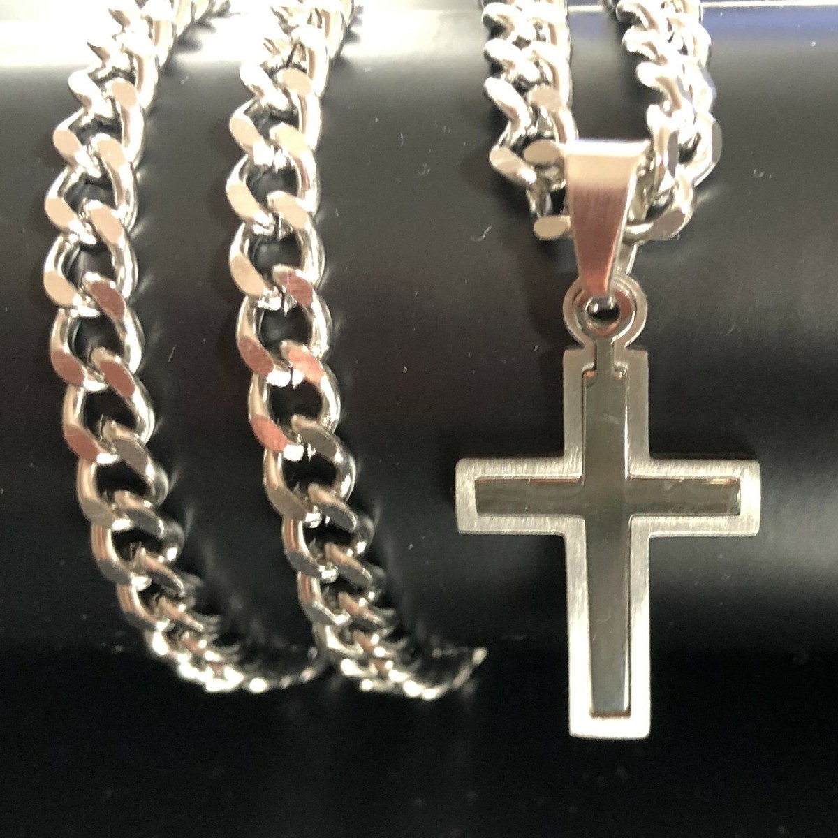 Flongo Collana con ciondolo a forma di croce in legno, da uomo, in acciaio inox, lunghezza 56 cm, regalo spirituale per marito, padre, fidanzato, Legno Acciaio inossidabile