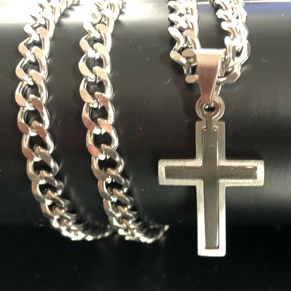 Collana con croce in acciaio inox da uomo catena rosario crocifisso 70 cm rapper - Immagine 3 di 4